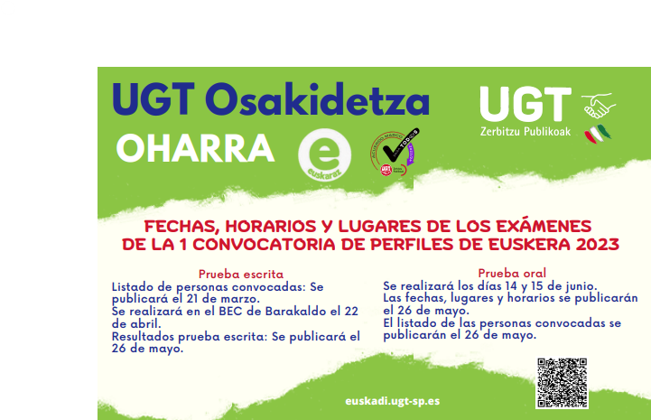 Desde UGT os informamos sobre fechas, horarios y lugares de los exámenes de la 1ª convocatoria de Euskera de 2023